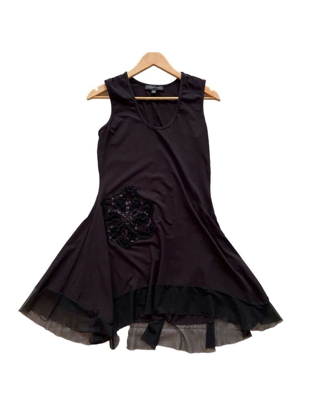 DINH BA little black dress sleeveless jersey mesh asymmetrical floral applique L